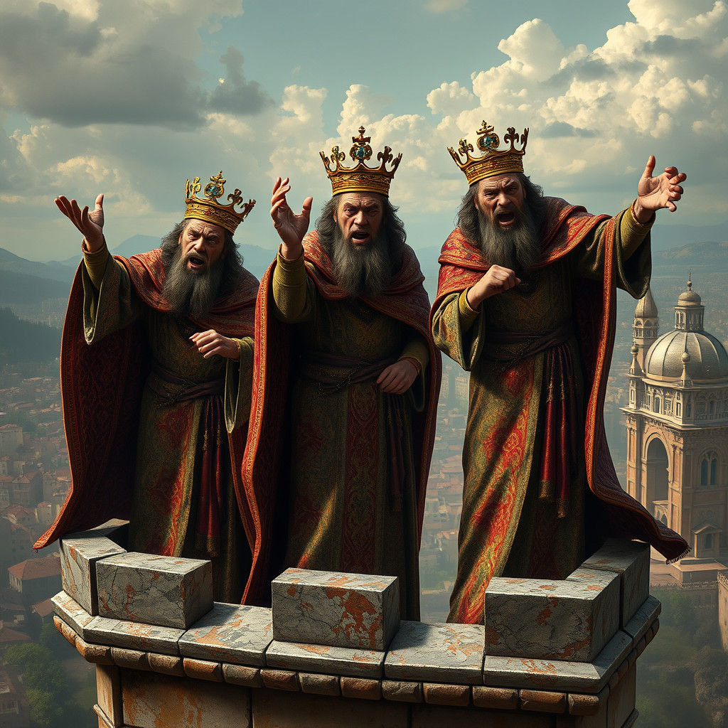 Three Kings Arguing in a Fantasy Cityscape
