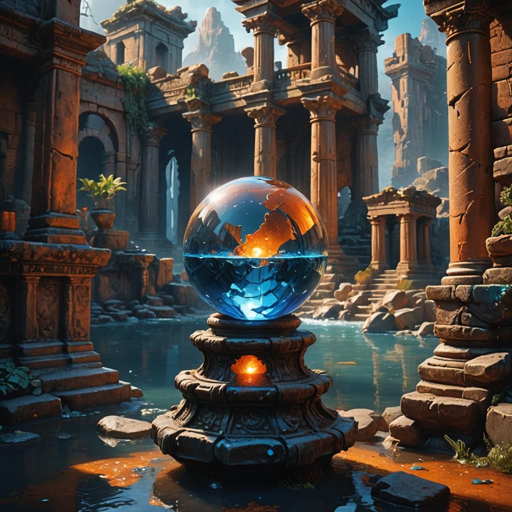 Crystal Water Ball Amidst Ancient Ruins
