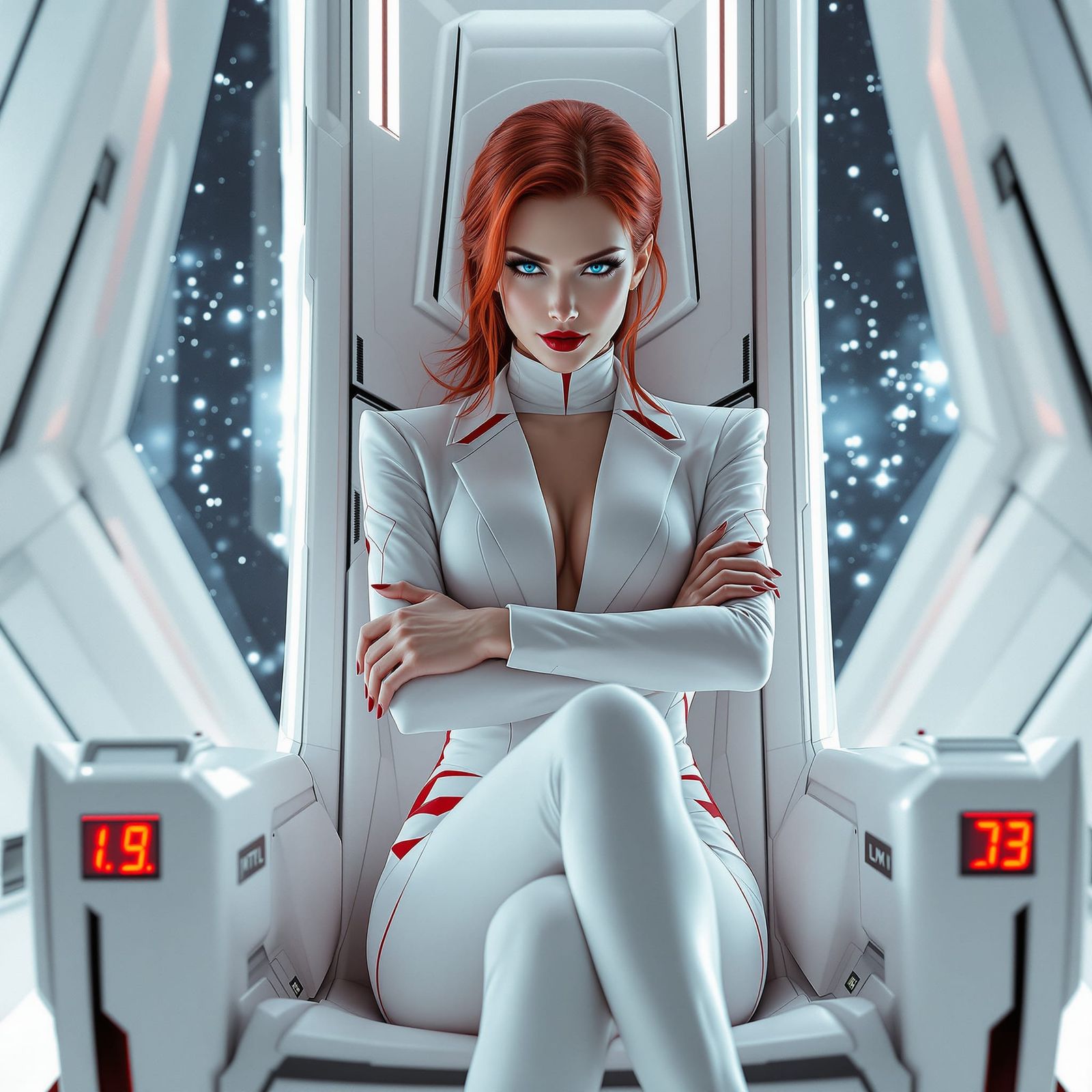 Galactic Empress in Futuristic Sci-Fi Office