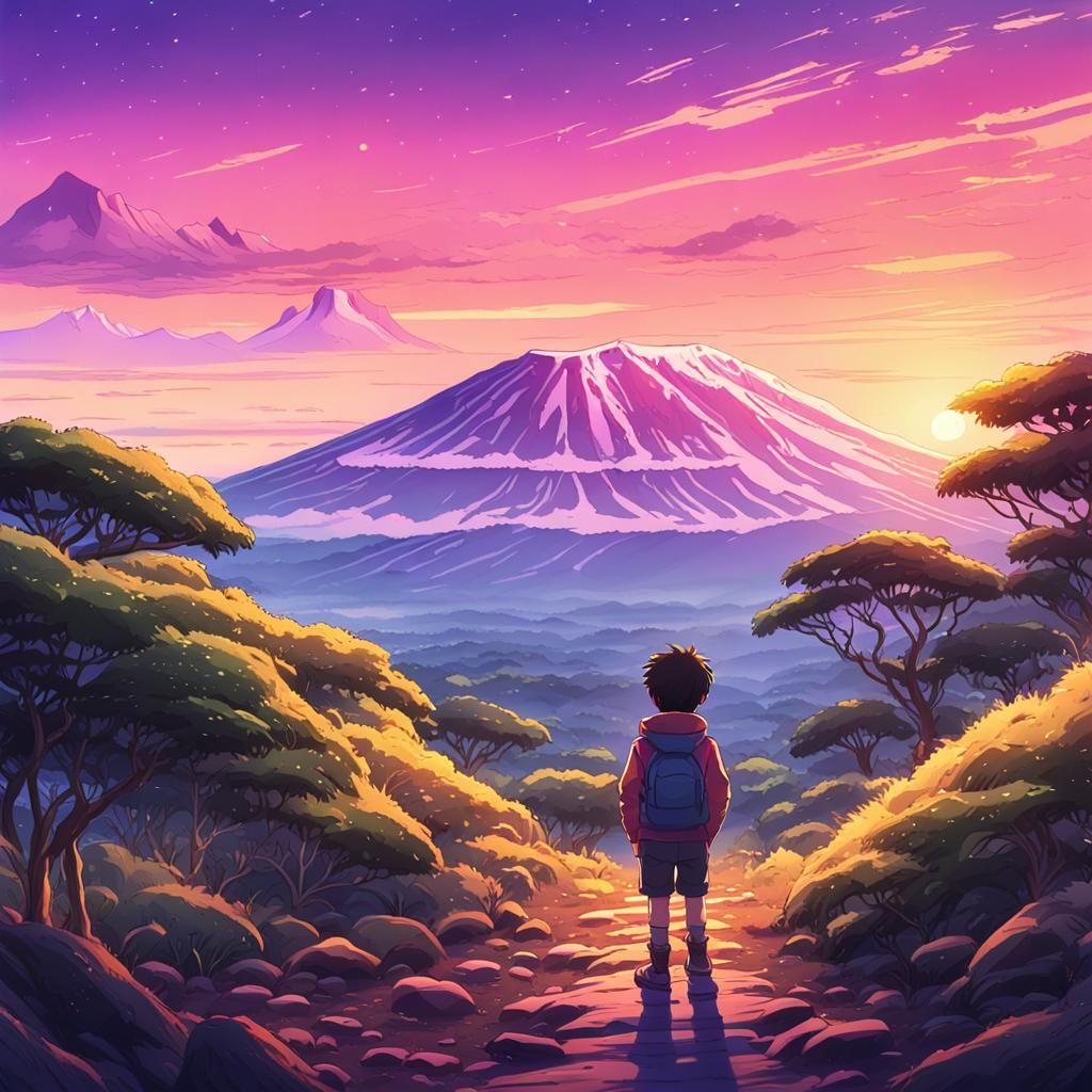 Anime-Inspired Boy at Kilimanjaro Summit at Sunrise