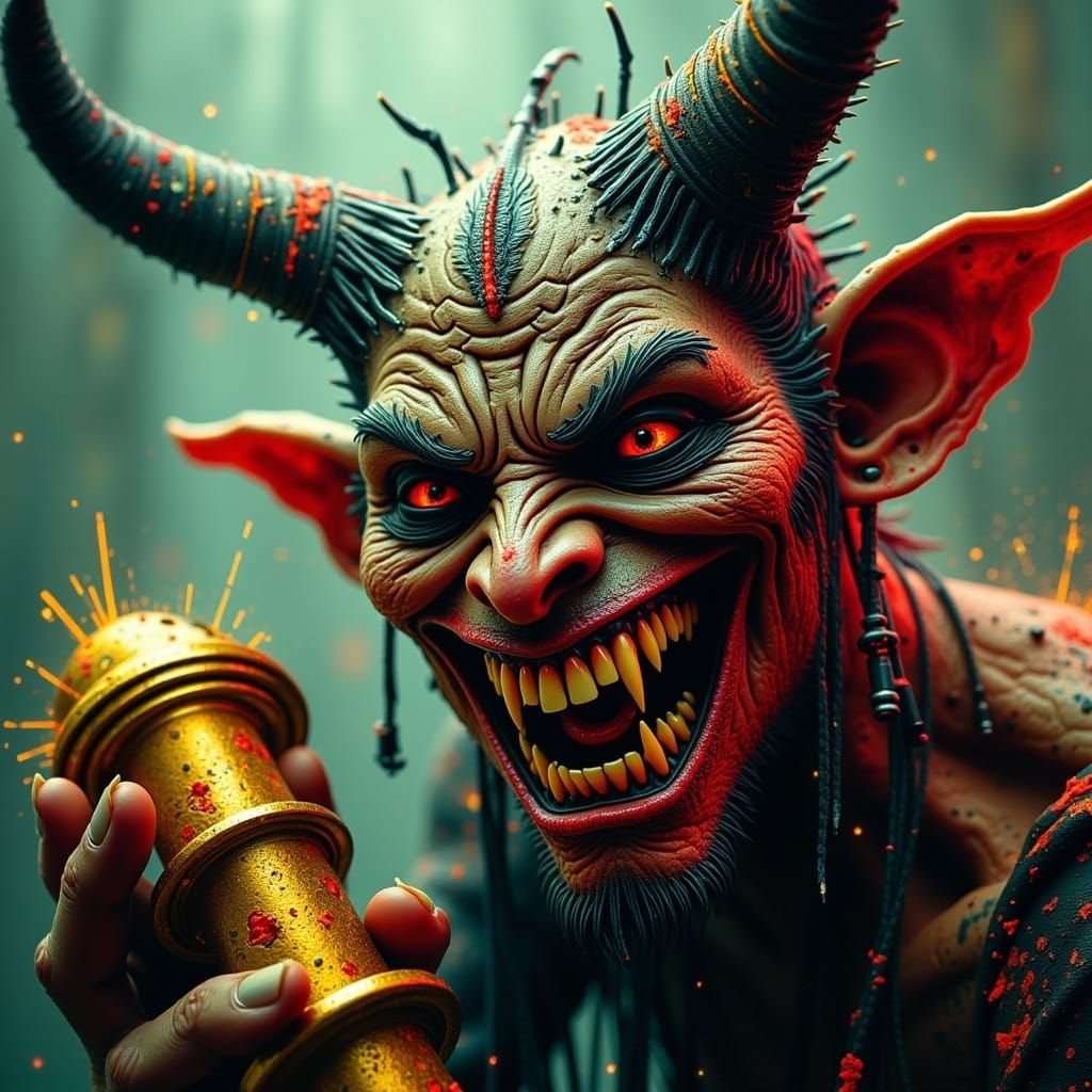 Fierce Dokkaebi Goblin with Golden Club in Cyberpunk Style