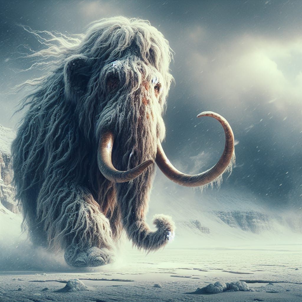 Magical Woolly Mammoth in Atmospheric Snowscape