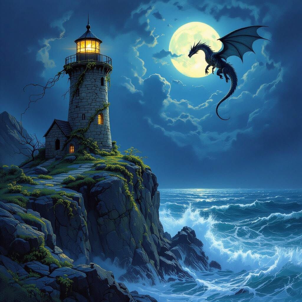 Ancient Lighthouse and Dragon Under Stormy Moonlit Sky