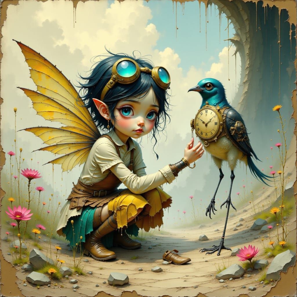 Mechanic Fairy Repairs Clockwork Bird in Watercolor Style