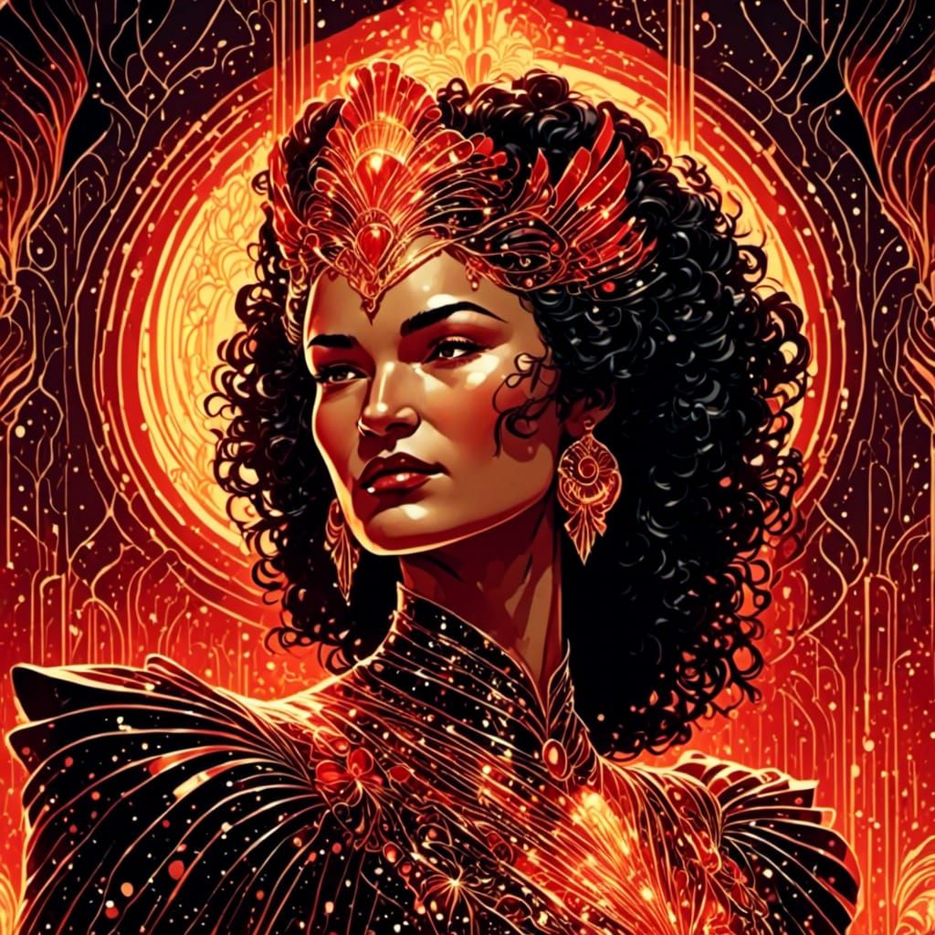 <lora:NeonBioGlowXL:1.0> <lora:Art Deco:1.0> <lora:IndigenousWoman:1.0> in style of art deco luminous glowing woman extr...