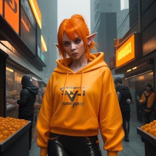 Orange Haired Vendor in Cyberpunk Cityscape