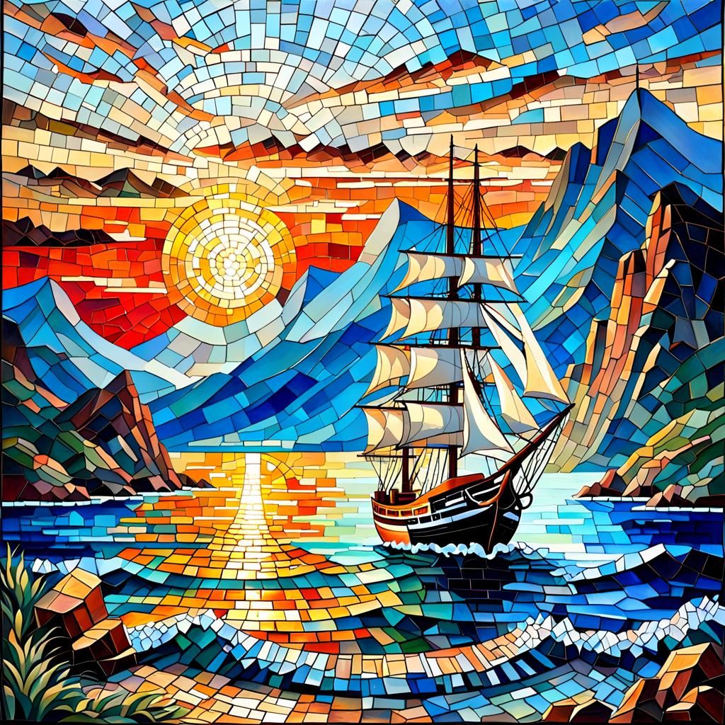 Mosaic Sunset Seascape with Sailing Ship