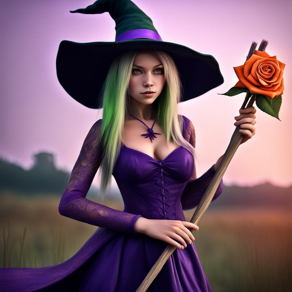 Hyperrealistic Green Witch with Purple Hat and Broom
