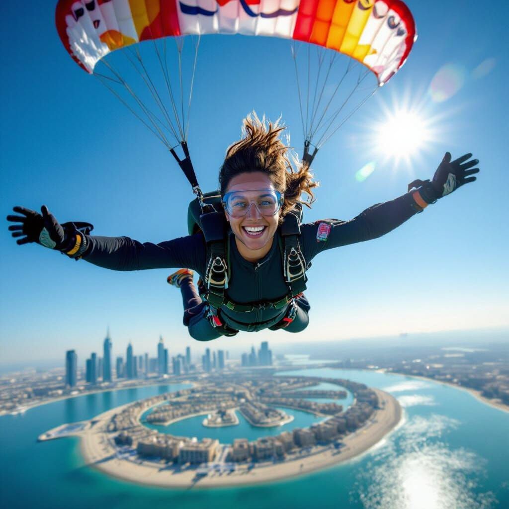 Skydiving Woman Over Dubai in Wide-Angle GoPro Style