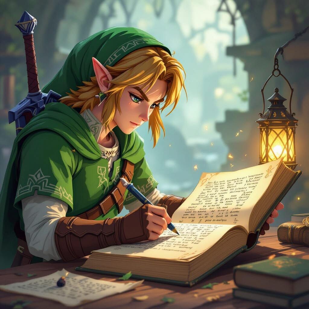Link Studies Ancient Hylian Script in Enchanted Light