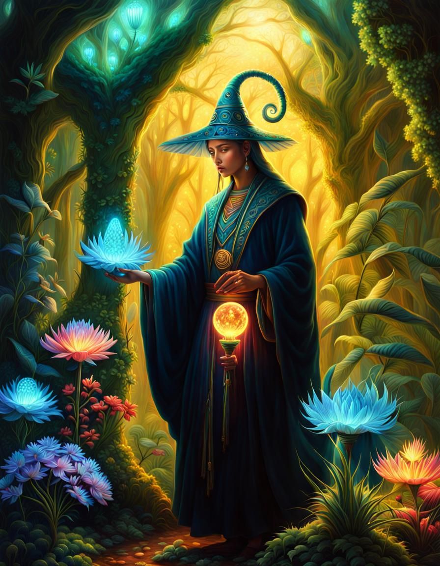 A shaman woman is collecting magical healing plants