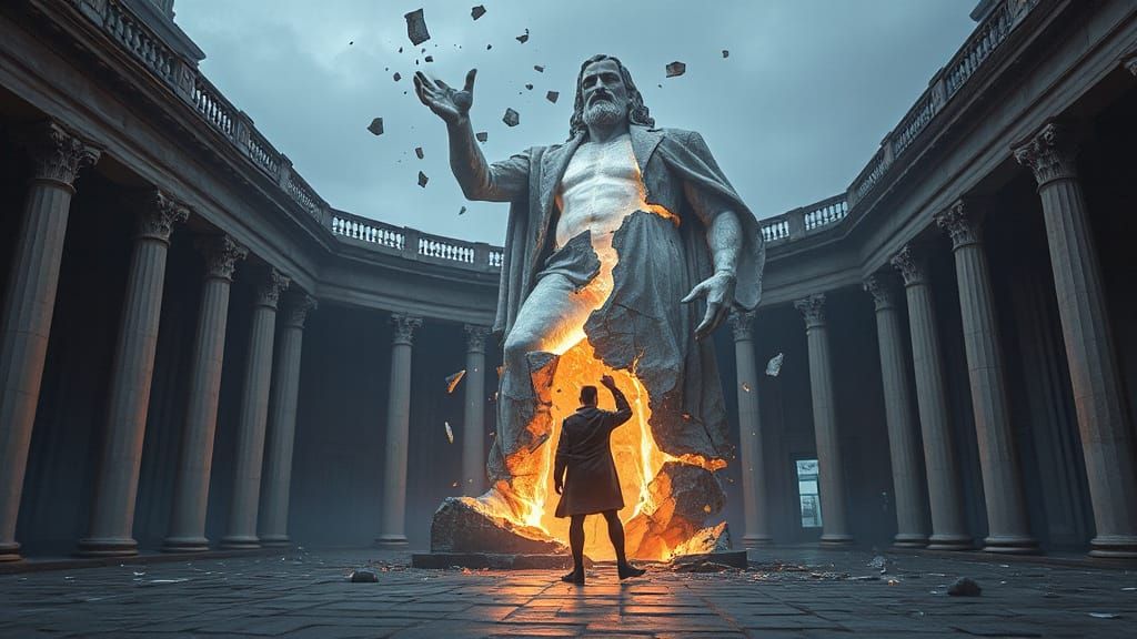 Colossal Statue Cracks Revealing Neon Creature in Stone Plaz...