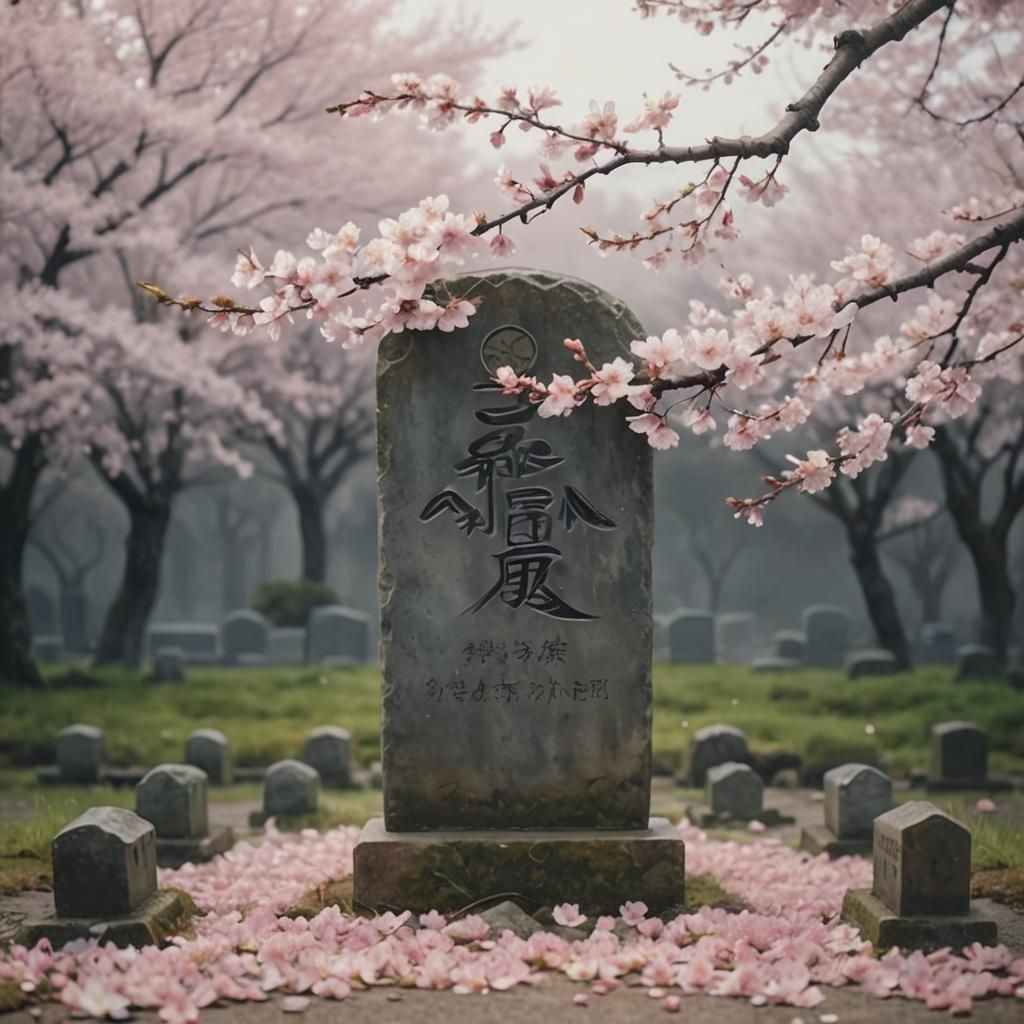 Cherry Blossom Branch on Grave Stone in Watercolor Style