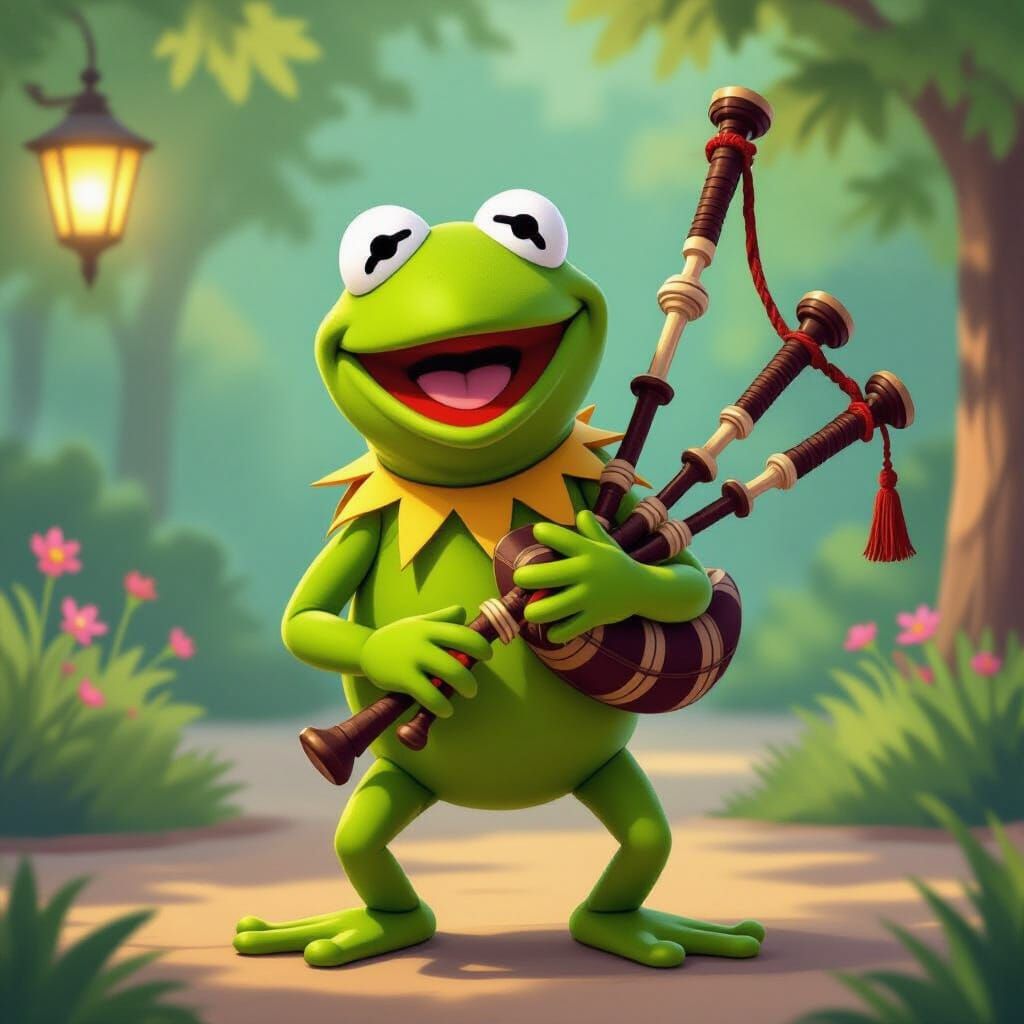 Kermit the Frog Caricature Playing Bagpipes in Cartoon Style