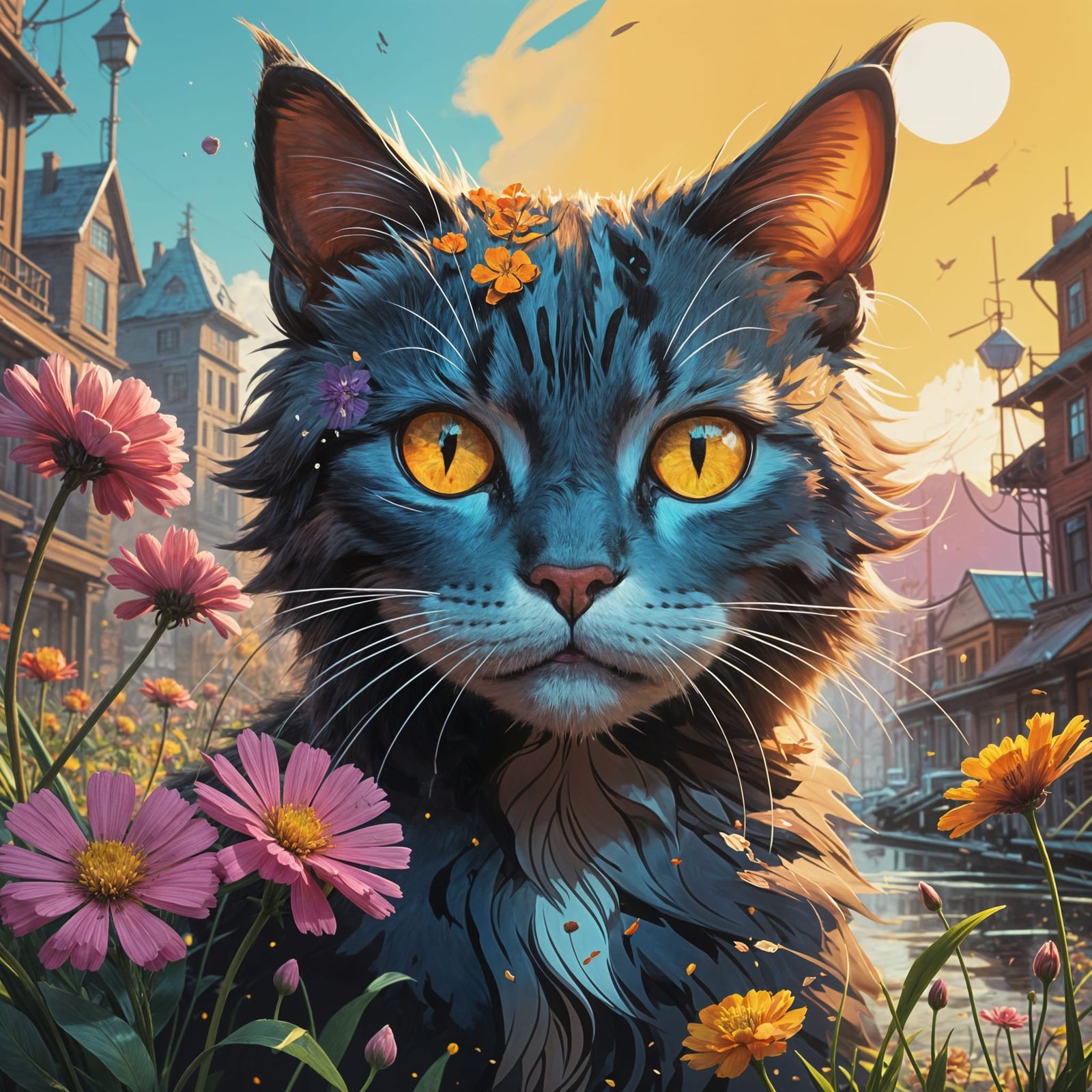 Vibrant Feline Form in a Whimsical Floral Fusion