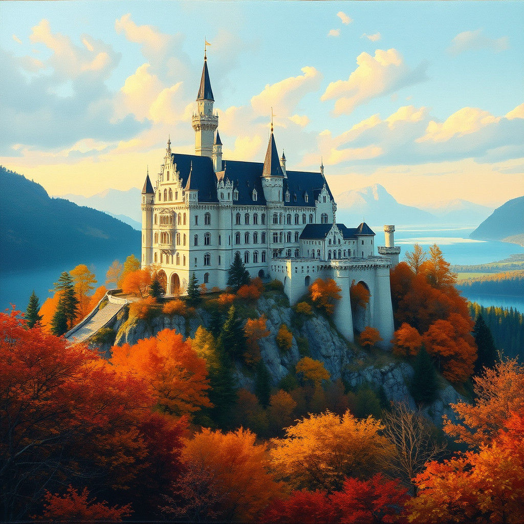 Neuschwanstein Castle in Autumn, Art Nouveau Impasto