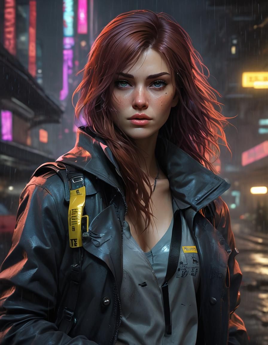 Cyberpunk Detective Investigates Rainy City Crime Scene