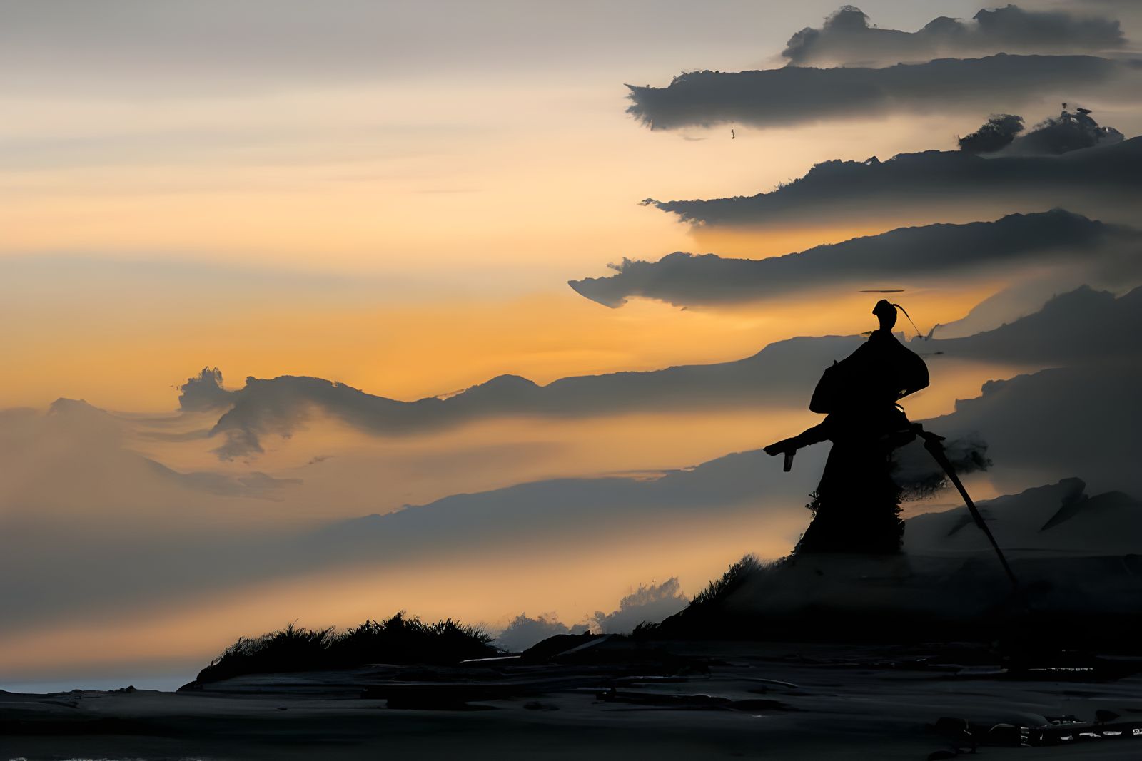 Silhouette Warrior at Sunset in Ukiyo-e Style