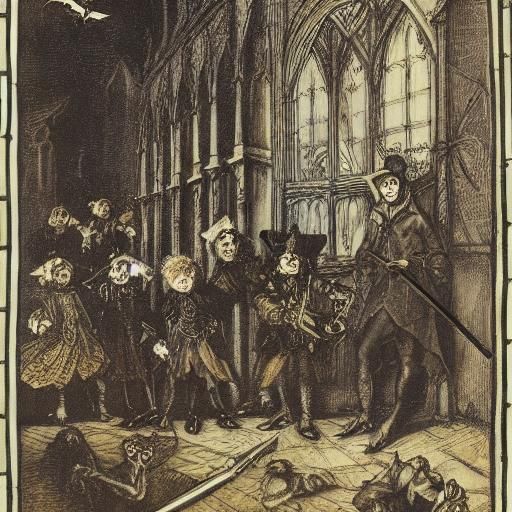 Elegant Bats in Haunted Castle, Classical Art Style