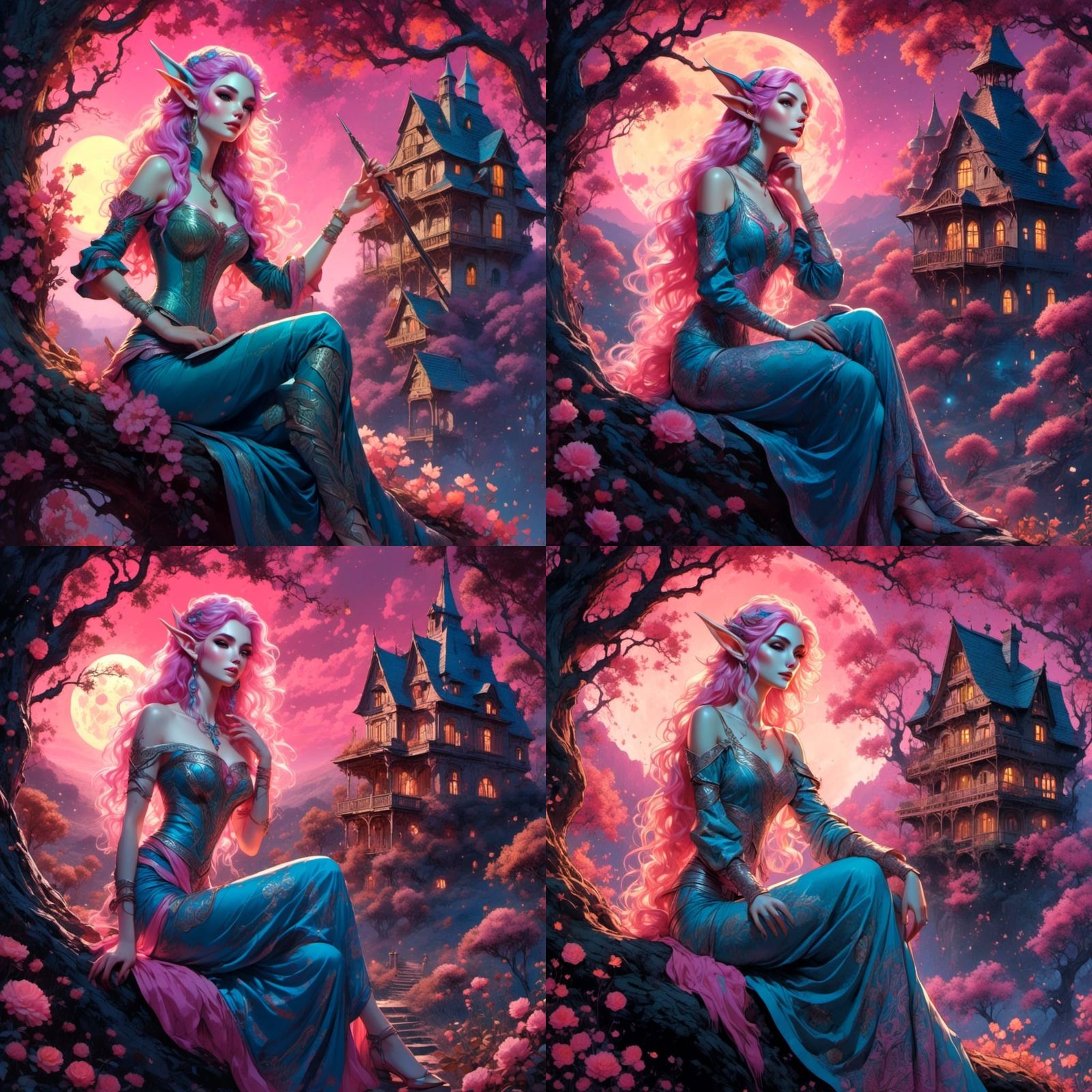 Glowing Elf Painter in Moonlight Fantasy Illustration