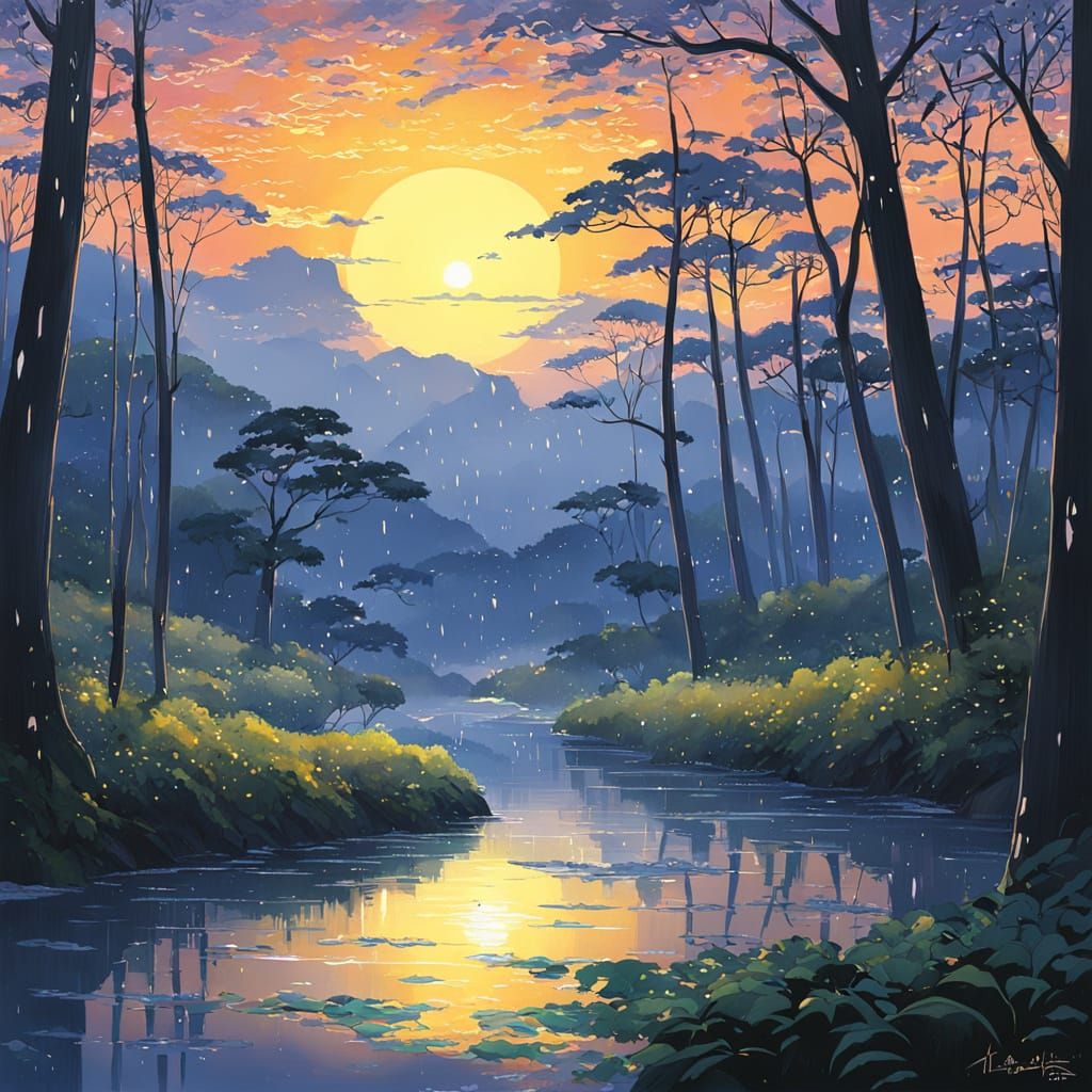 Golden Sunrise Over Misty Landscape as Yamato-e Painting