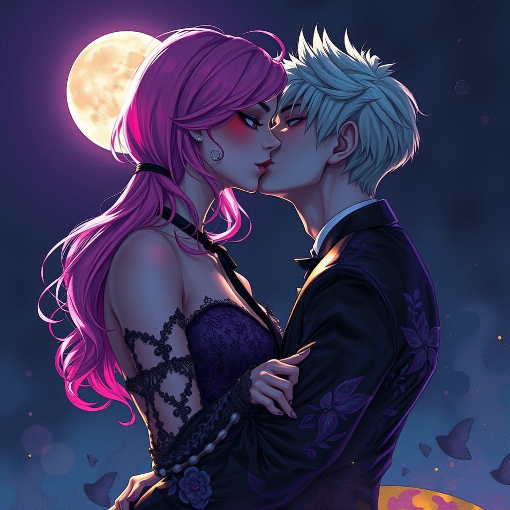 Couple Kissing Under Moonlight in Alcohol Ink Style