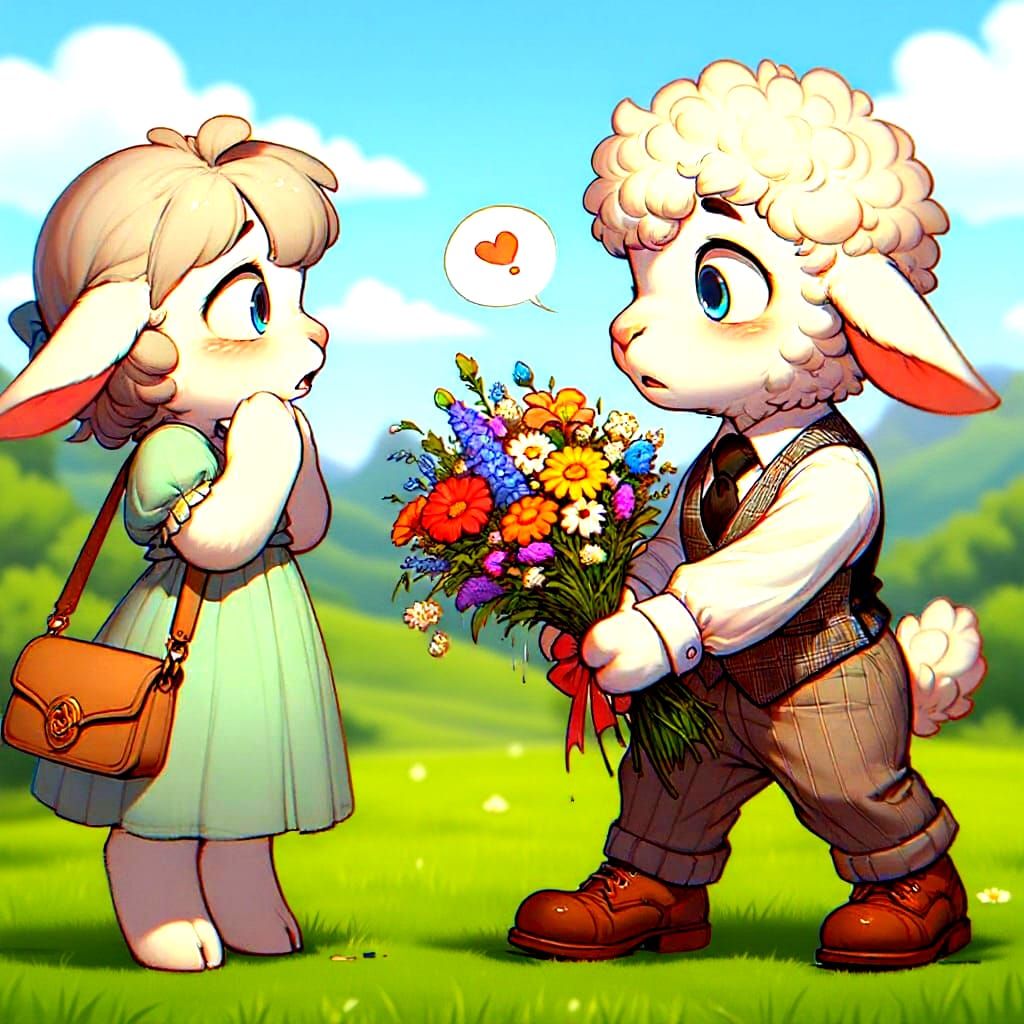 Nervous anthropomorphic lamb wearing clothes nervously offer...