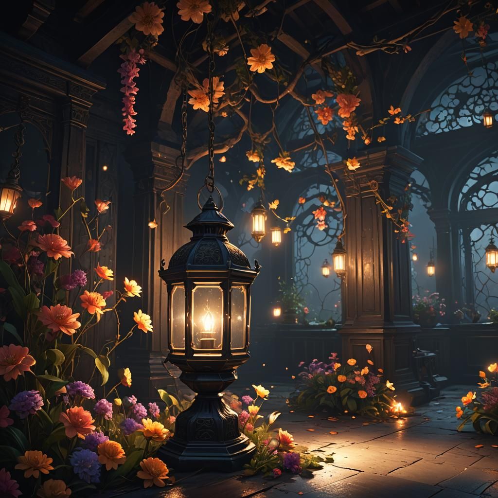 a dark room with a Lantern lighting a forgotten garden