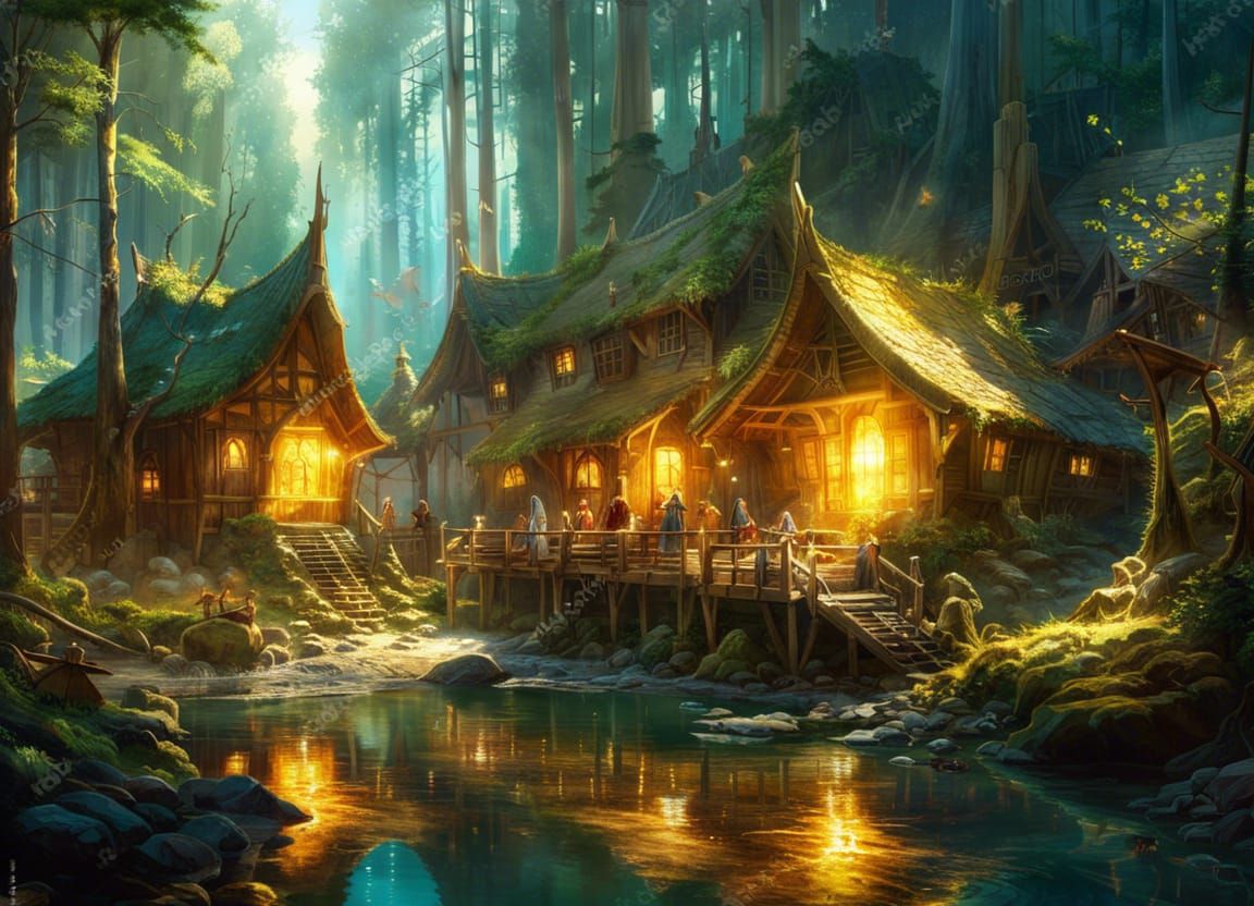 Sunlit Elven Village in Forest: Anime Style