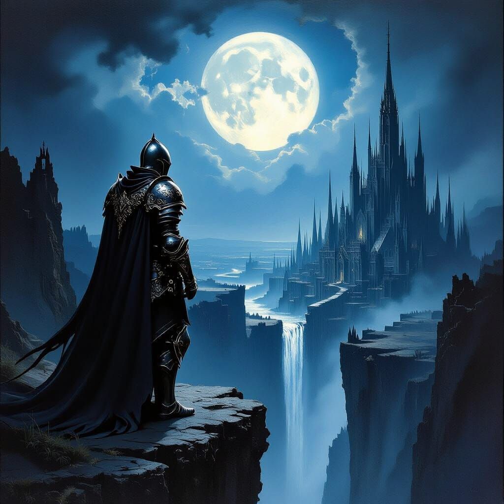 Gothic Knight Over Moonlit Chasm City