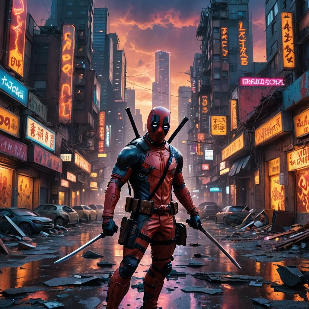 Deadpool in Neon Cityscape Concept Art