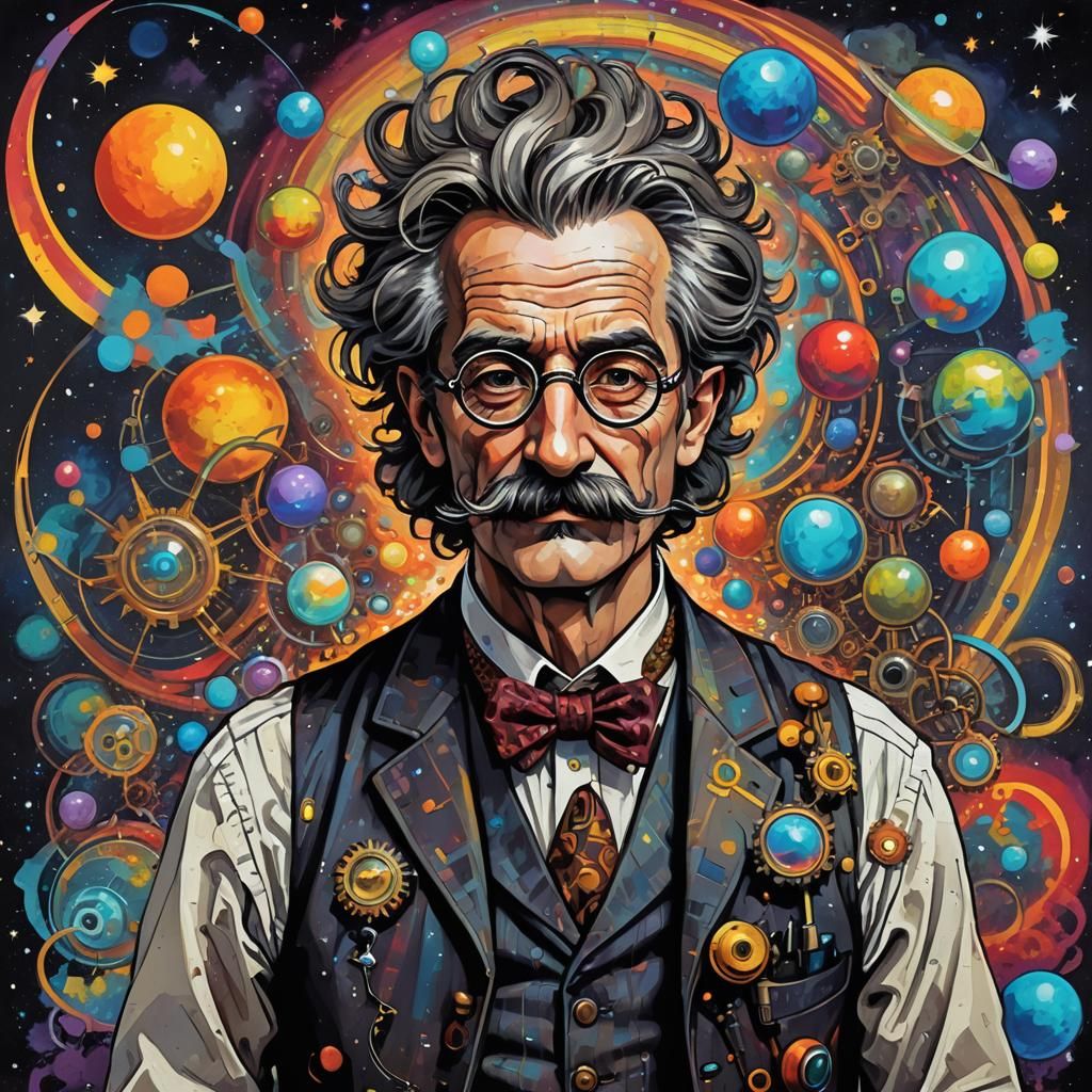 Steampunk Man with Planets in Colorful Harmonic Orbits