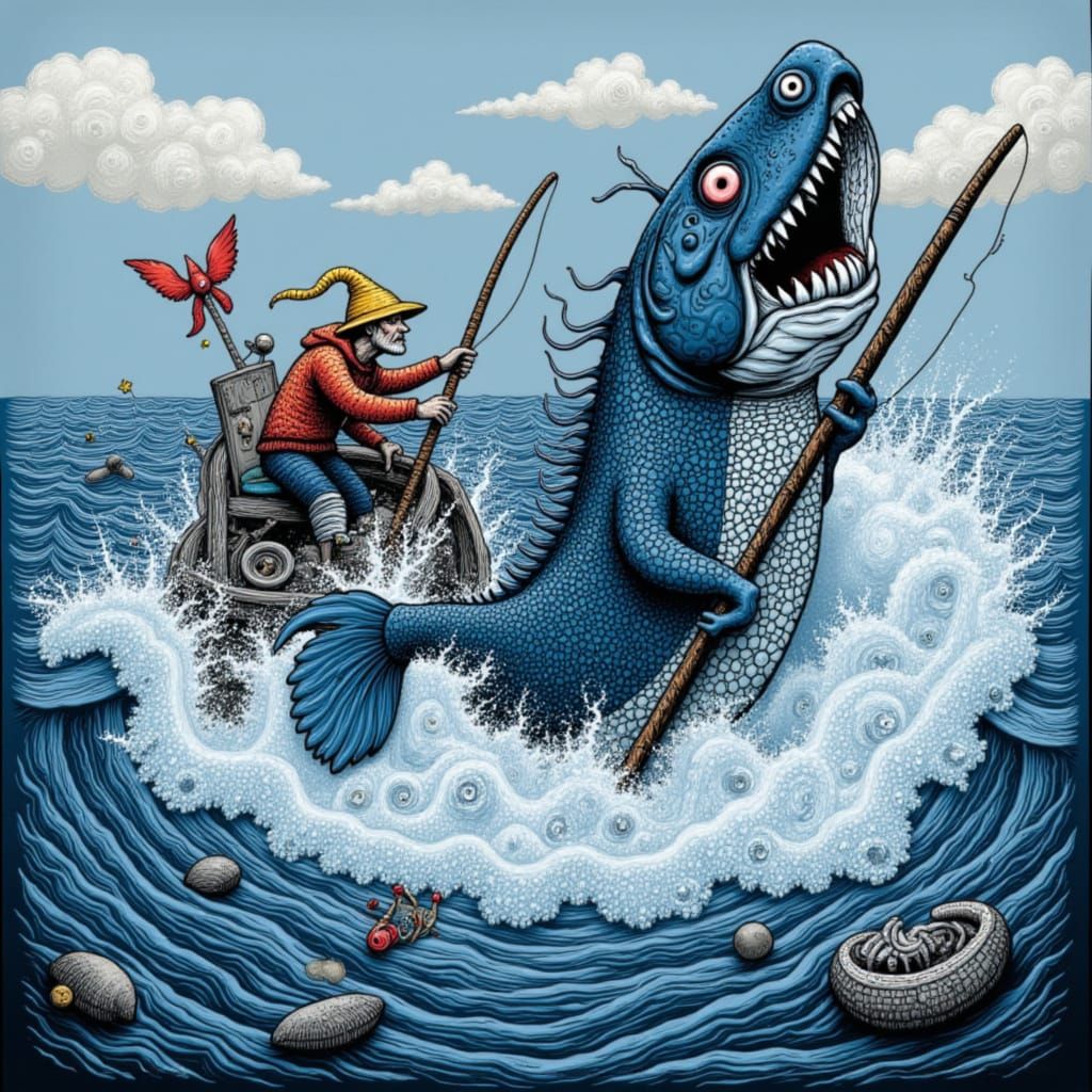 Fisherman Hooks Giant Fish in Whirlpool