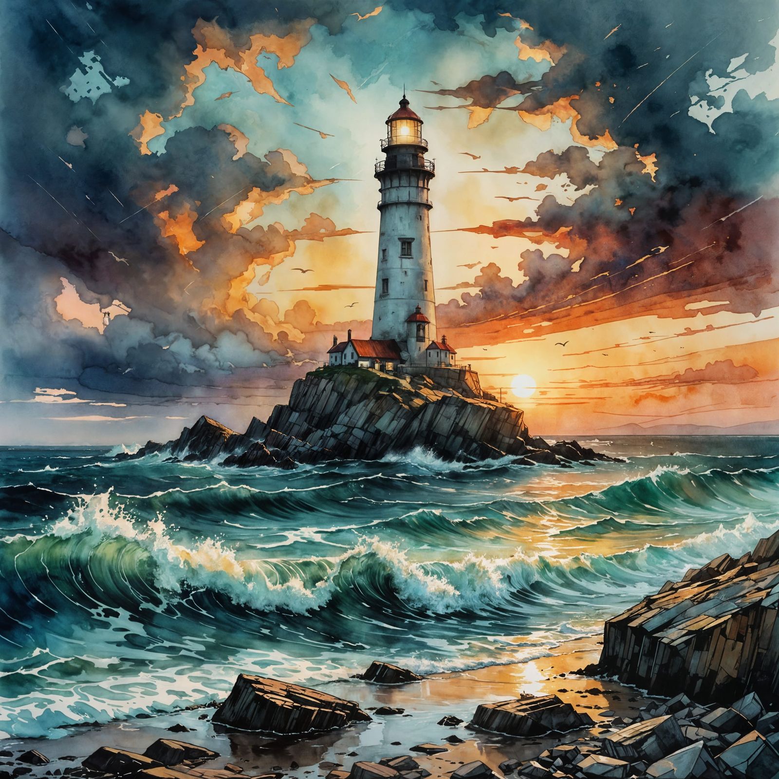 Stormy Beach in a Bottle: Watercolor Illustration