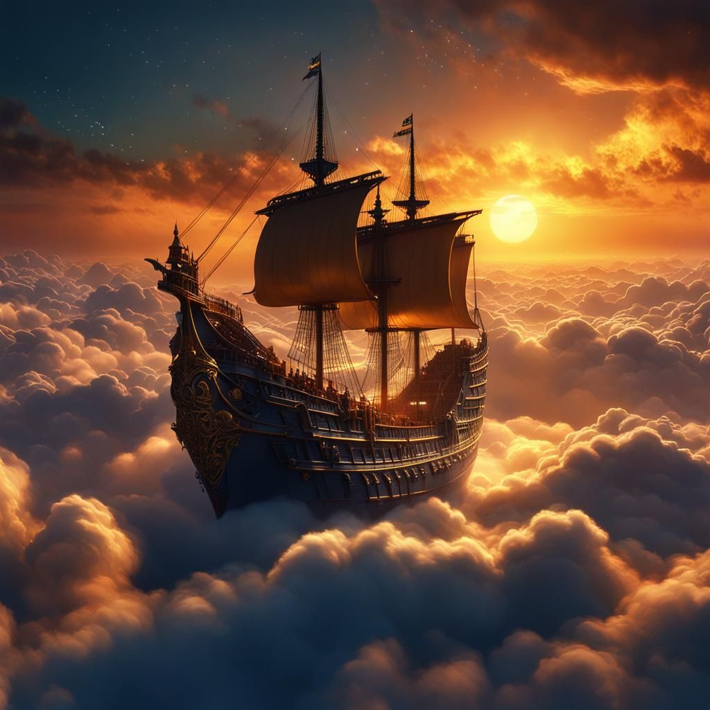 Mystical Ship Sparkles Above Clouds at Sunset