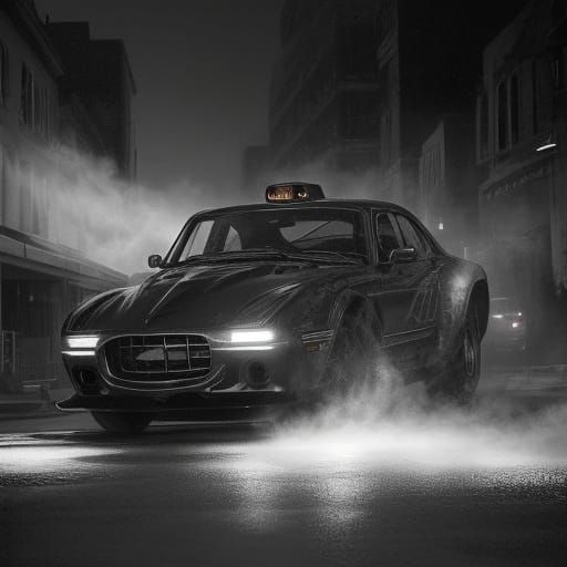 Cybernetic Car in City Street, Charcoal Drawing