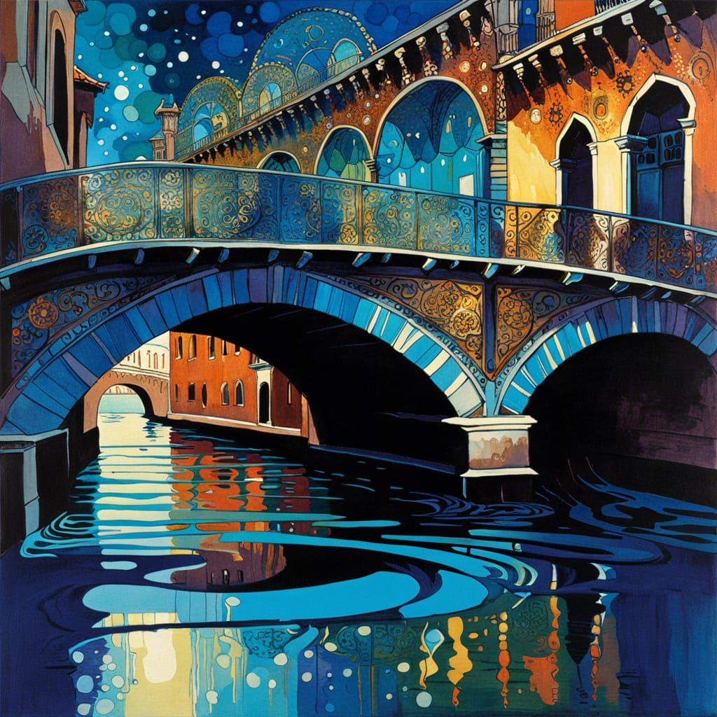 Venice Bridge Illustration in Ornate Fluid Style