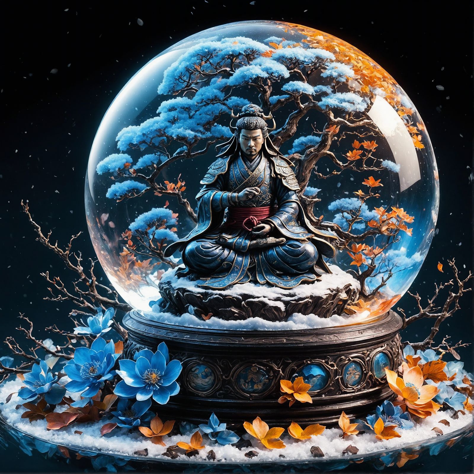 Samurai Meditation in Sakura Snow Globe