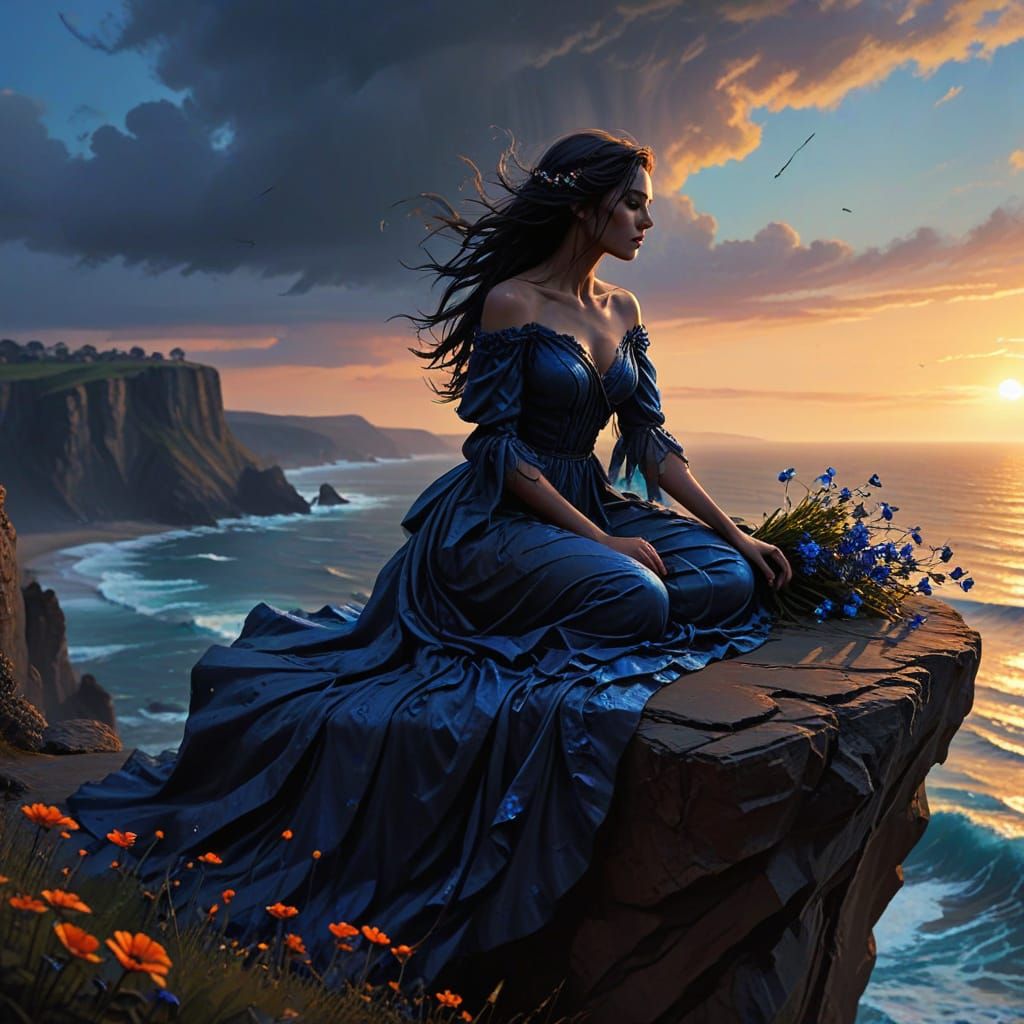 Silhouette of Woman Crying at Sunset