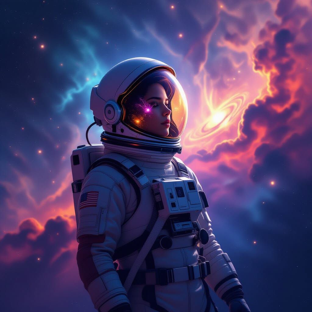 Astronaut Adrift in Cosmic Nebula Reflecting Galaxies