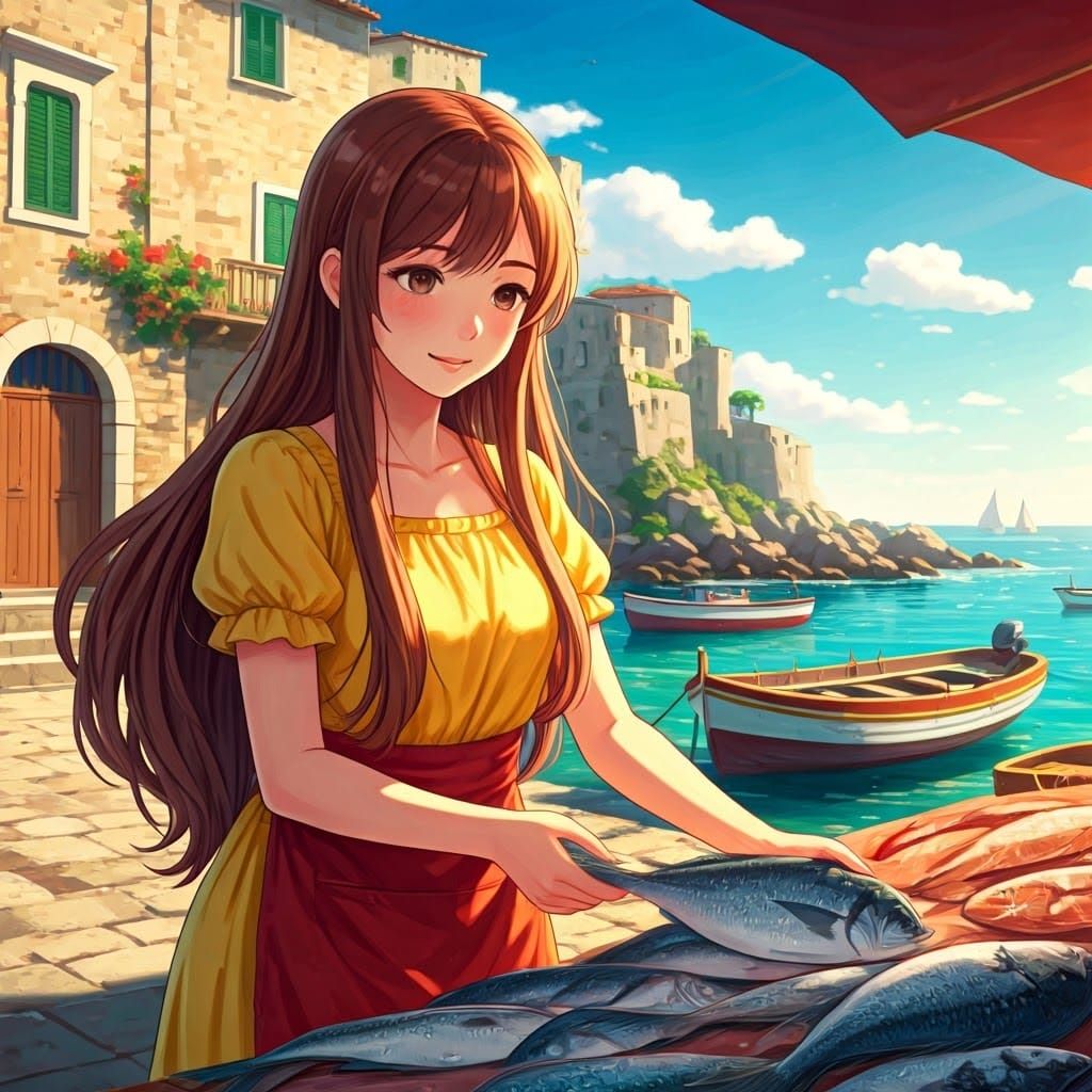 Anime Girl at Italian Fish Market in Ghibli Style