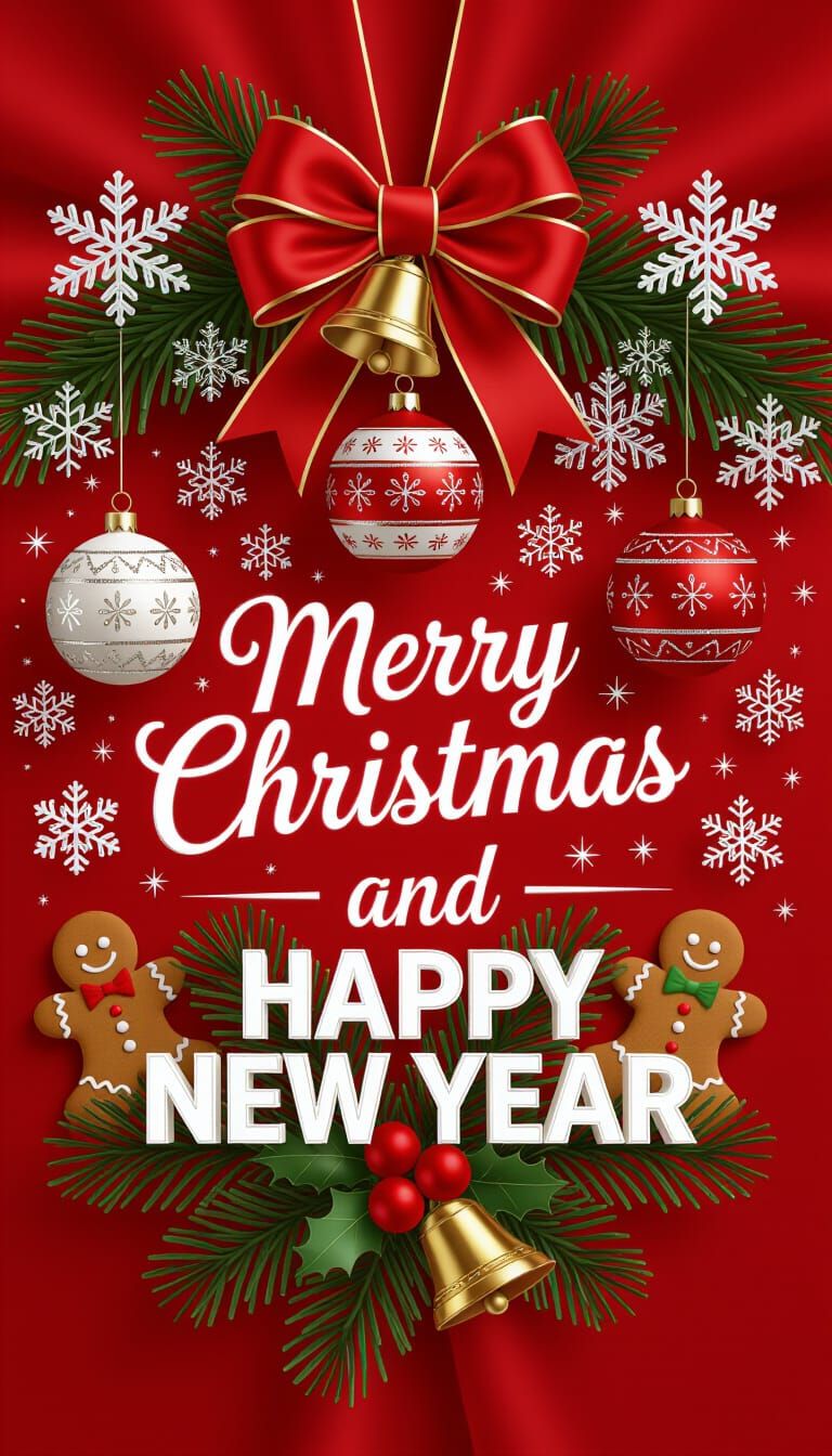 Festive 3D Christmas Scene with Ornaments and Snowflakes