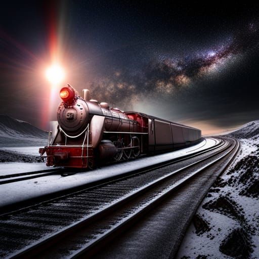 Steam Train Orbiting Planets in Hyperrealistic Style