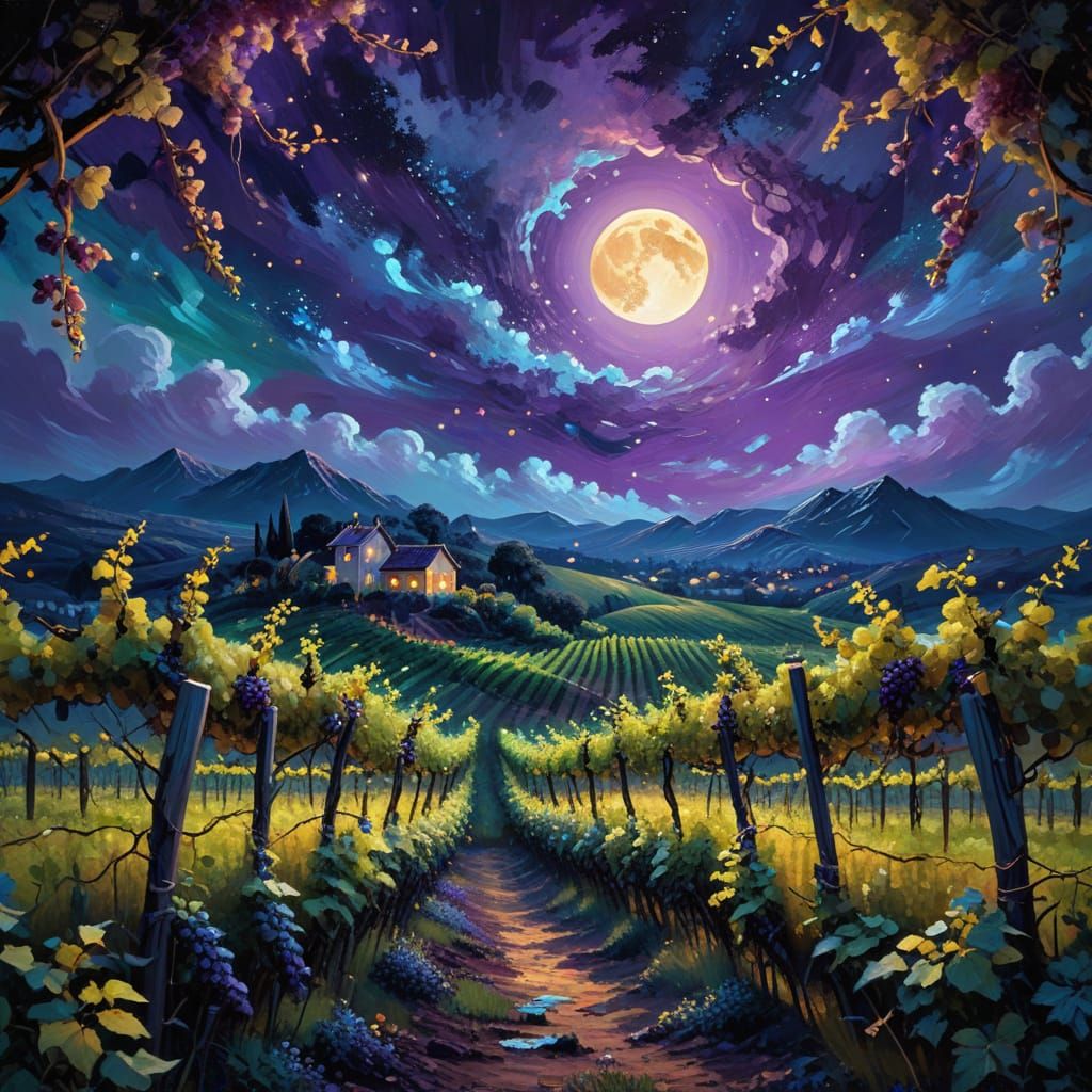 Whimsical Vineyard Scene under Starry Night Sky