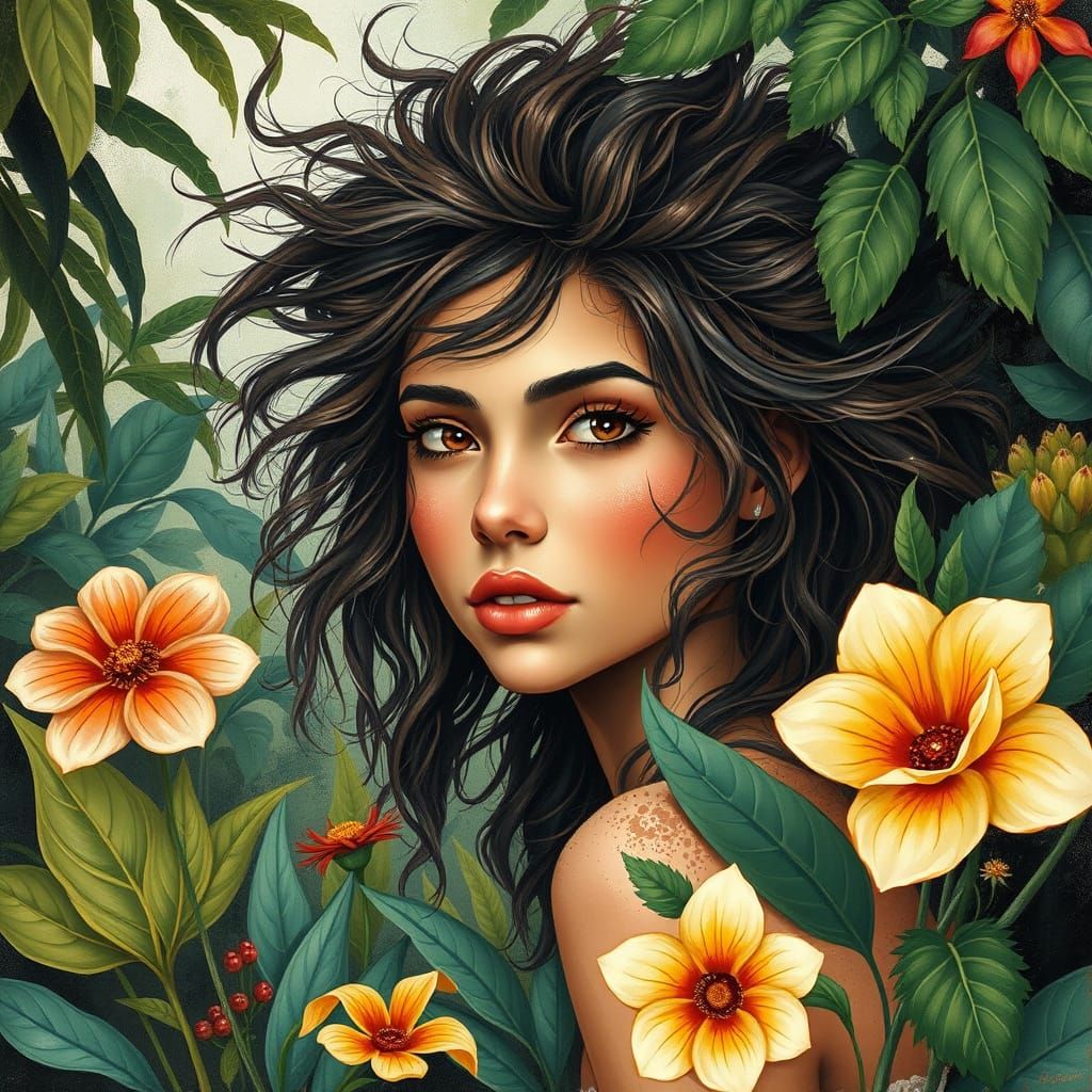 Surreal Whimsy Gouache Painting of a Free-Spirited Wild Woma...