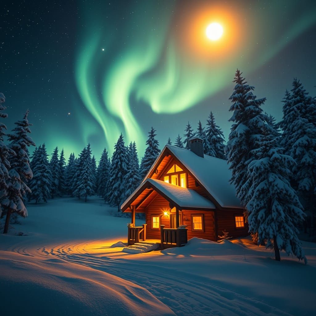 Aurora Borealis Illuminates Winter Cabin