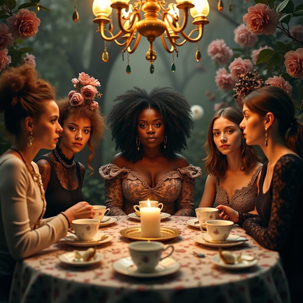 Mad Hatter's Tea Party in Gothic Surrealist Style
