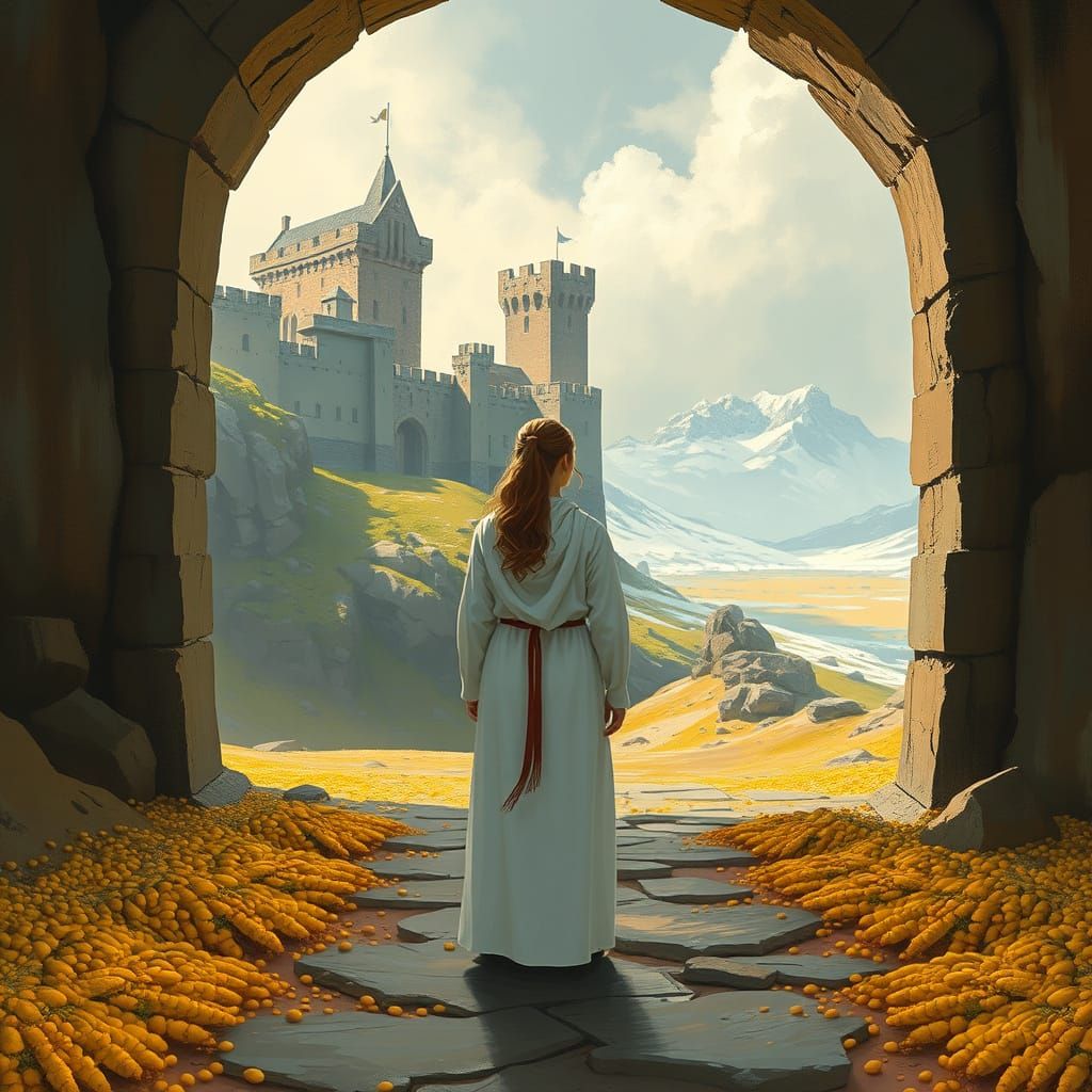 Woman at Castle Gateway in Vibrant Fantasy Art