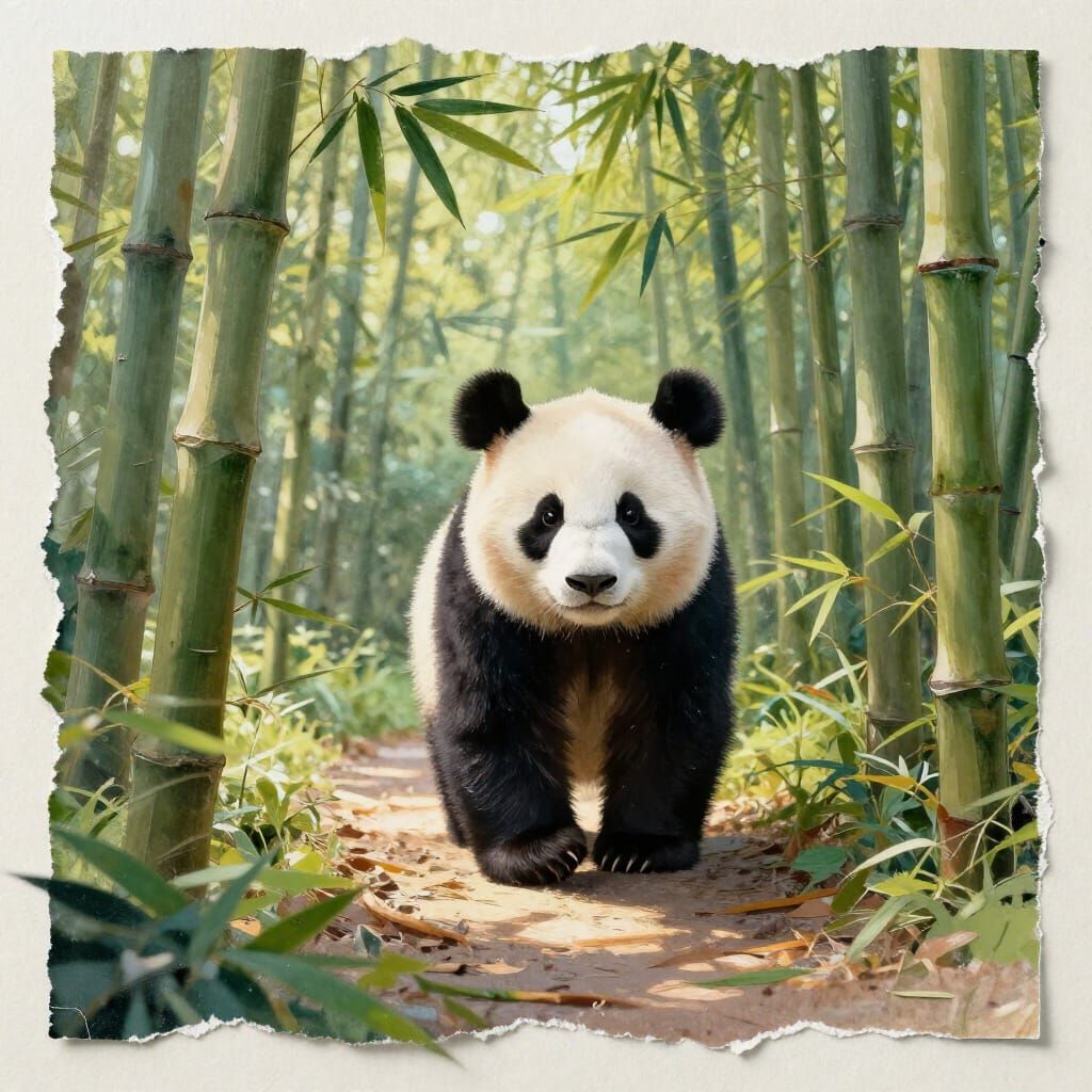 Adorable Panda in Sunlit Bamboo Forest Collage