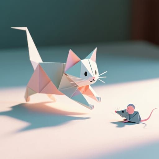 Origami Cat Chases Paper Mouse in Pastel Tones